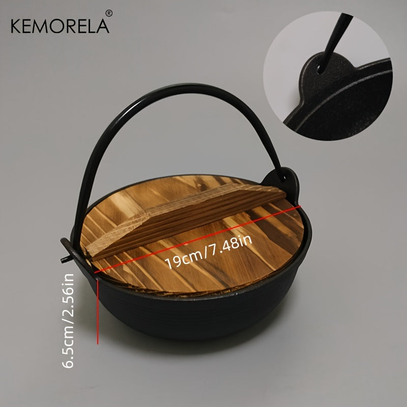 KEMORELA Cast Iron Stockpot with Wooden Lid - Pre-Seasoned Non-Stick Sukiyaki Pot - Ideal for Outdoor Camping - Multi-Purpose Cast Iron Cookware for Stews and Frying