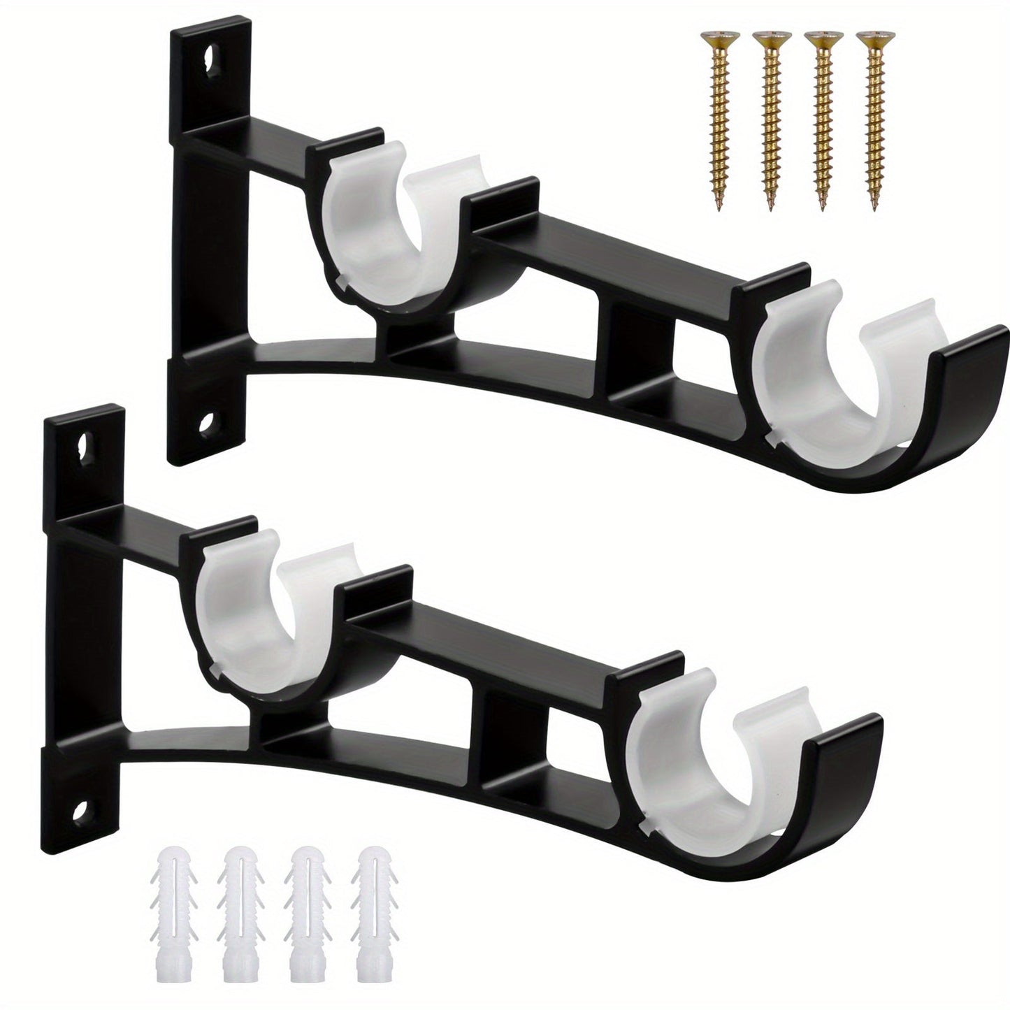 Pair of Robust Heavy Duty Curtain Rod Brackets - Double Hooks for Clothes Rods - Black Metal Curtain Pole Holders with 4 Screws - Holds Weight up to 50kg