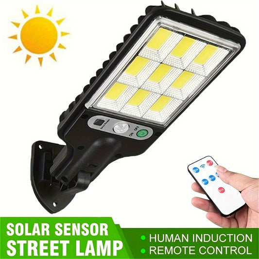 Remote-controlled solar security light for garden and patio, powered by solar panel.