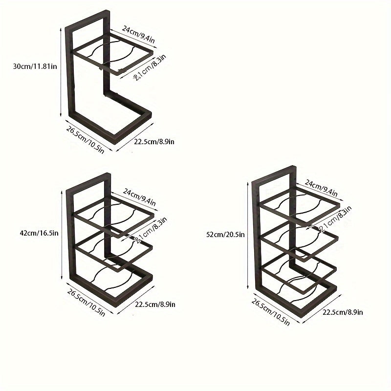 Adjustable 3-tier black stainless steel pot rack for space-saving kitchen organization in homes and restaurants. Easy to assemble and offers multi-shelved storage solution.