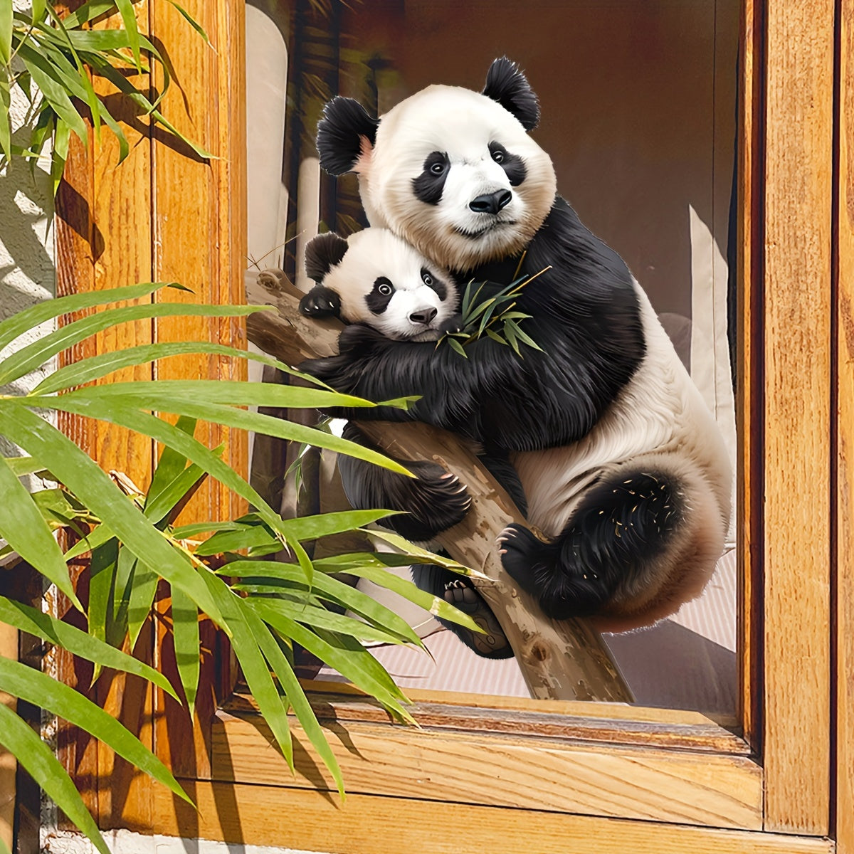 Dual-Sided Window Cling featuring a Realistic Panda Family - Reusable Vinyl Decal with Electrostatic Adhesion for Home and Office Decor