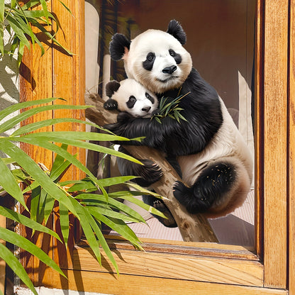 Dual-Sided Window Cling featuring a Realistic Panda Family - Reusable Vinyl Decal with Electrostatic Adhesion for Home and Office Decor