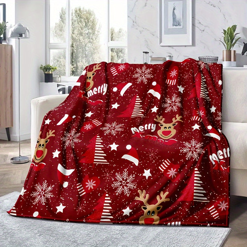 Warm and Cozy Christmas Throw Blanket featuring Santa, Tree, Elk, and Snowflake Designs for Couch & Bed - Reversible and Soft Material, Machine Washable for All-Season Comfort - Ideal for Christmas Season