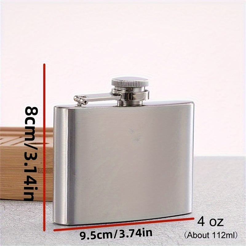 Portable stainless steel hip flask for alcohol, with screw cap and pocket-sized design for outdoor use.