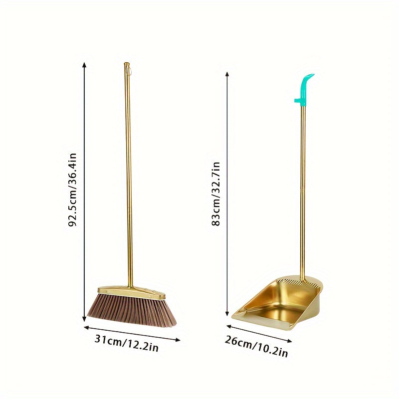 PMMJ Stainless Steel Broom and Dustpan Set with serrated edge, long handle, and vertical design for efficient indoor/outdoor hair removal.