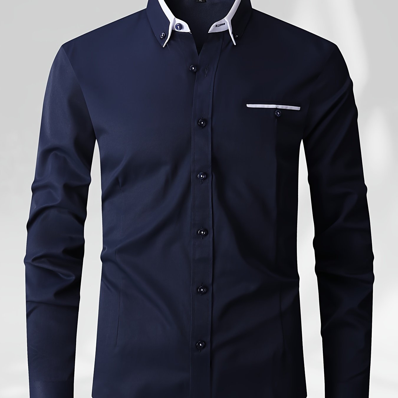 Men's color block shirt, made of 60% polyester and 40% cotton, with long sleeves, regular fit, lapel collar, and button details. Made of woven fabric, non-stretch, and suitable for work