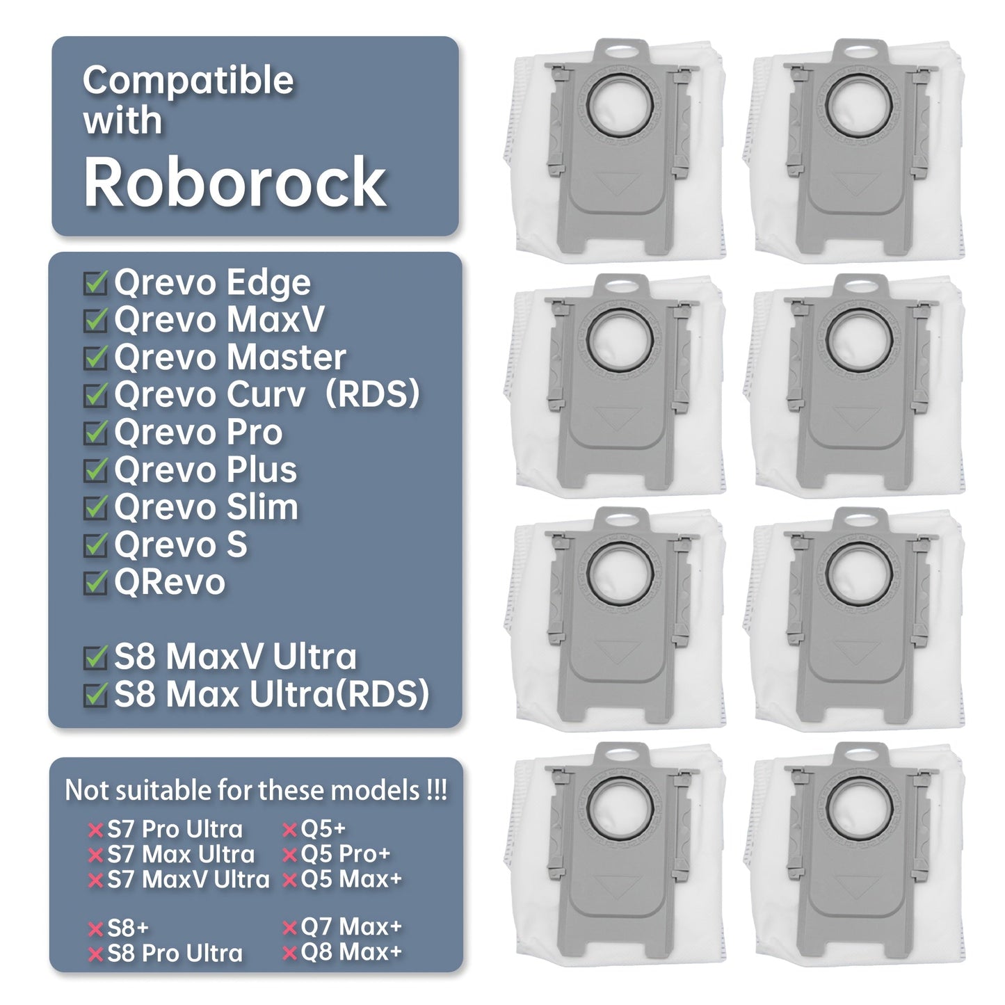 Compatible with Roborock Qrevo & S Series, these premium dust collection bags come in a set of 8. With a large 2.7L capacity and high-efficiency design, they are sealable to block dust effectively. These bags are suitable for Edge, MaxV, Master, Curv