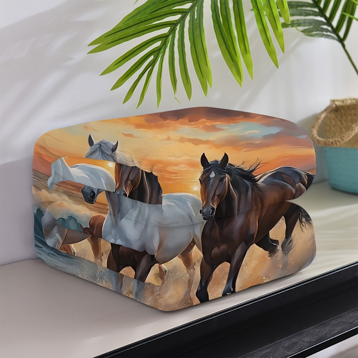 Modern digital print flannel throw blanket featuring two majestic horses - a versatile knitted polyester shawl for use on sofa, bed, office, and camping. This all-season blanket can be machine washed and used for various purposes with an animal theme.