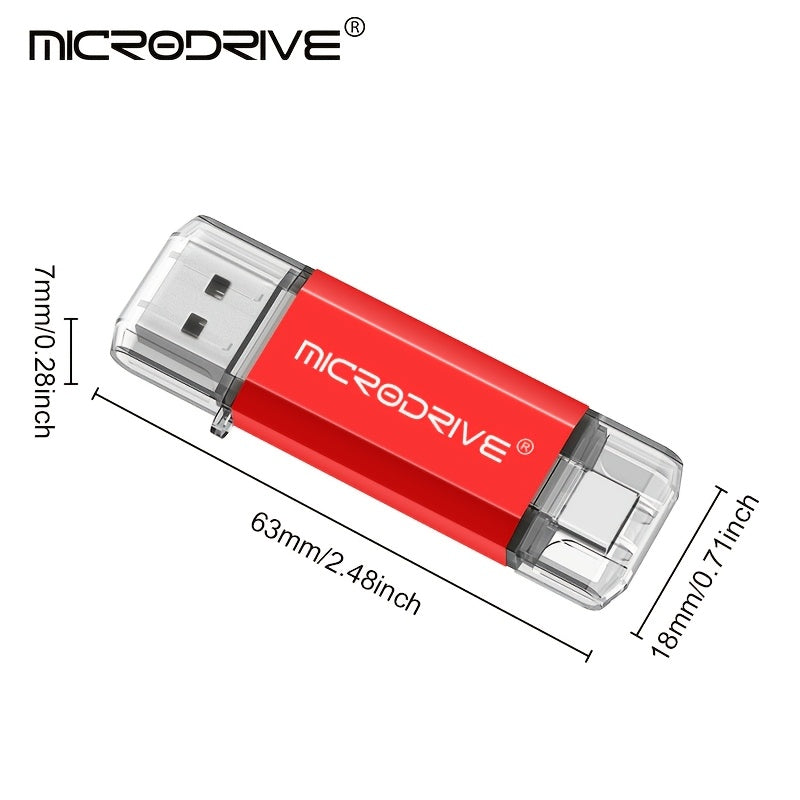 MICRODRIVE 2.0 USB-C Flash Drive - High-Speed OTG Memory Stick, Frosted Metal Texture, 128GB/64GB/32GB/16GB, Laptop & Smartphone Compatible, Red/Black, Cute Design