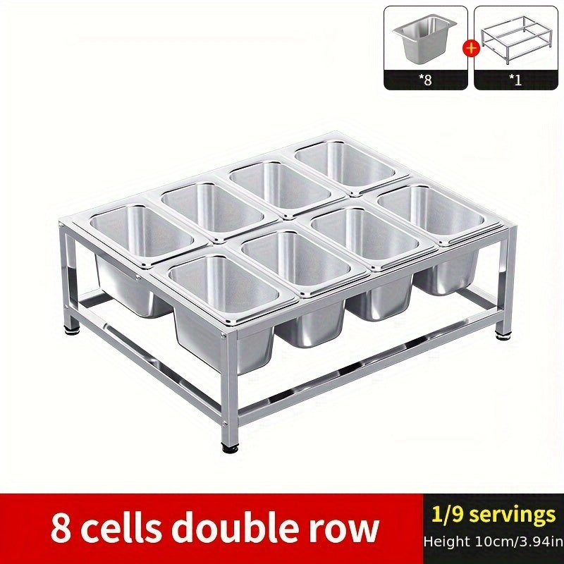 Set of stainless steel spice racks with 8 compartments, designed for organizing spices in both kitchens and restaurants. Includes seasoning containers.