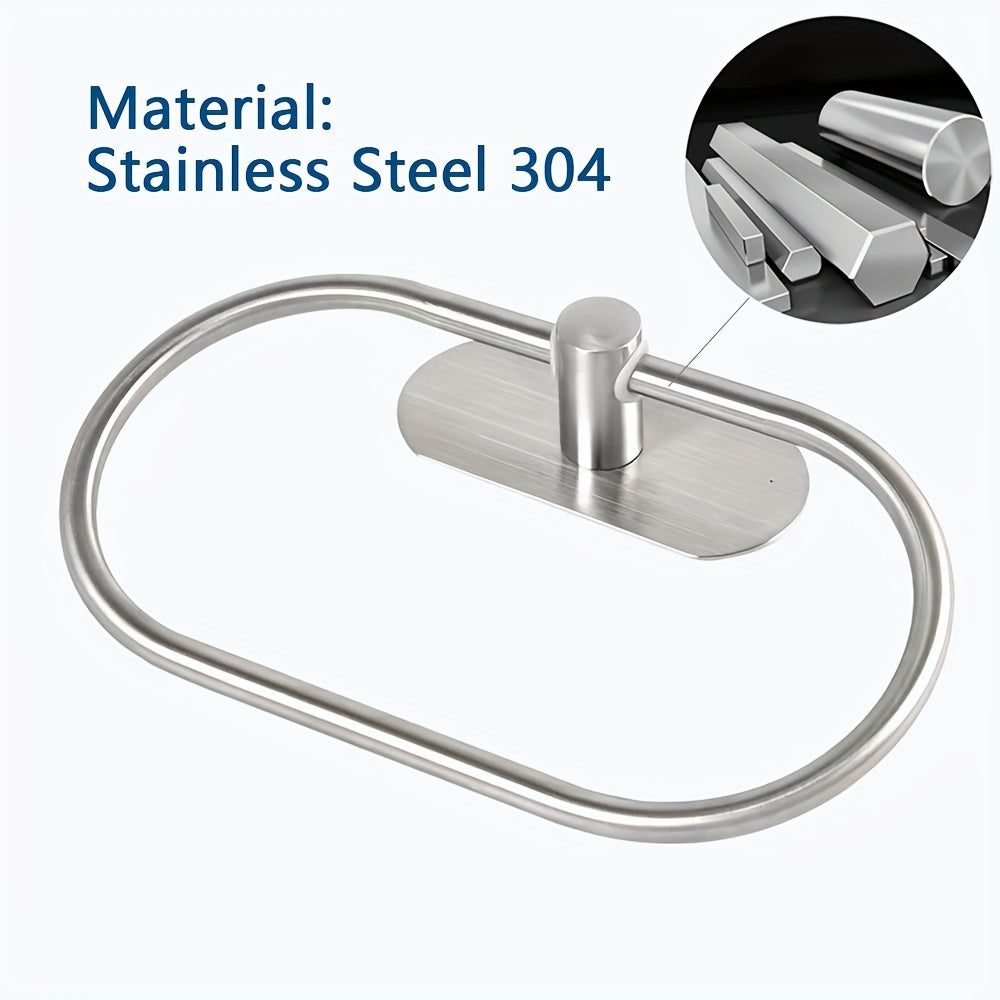 Self-adhesive stainless steel bathroom accessories for towel and dishcloth storage.