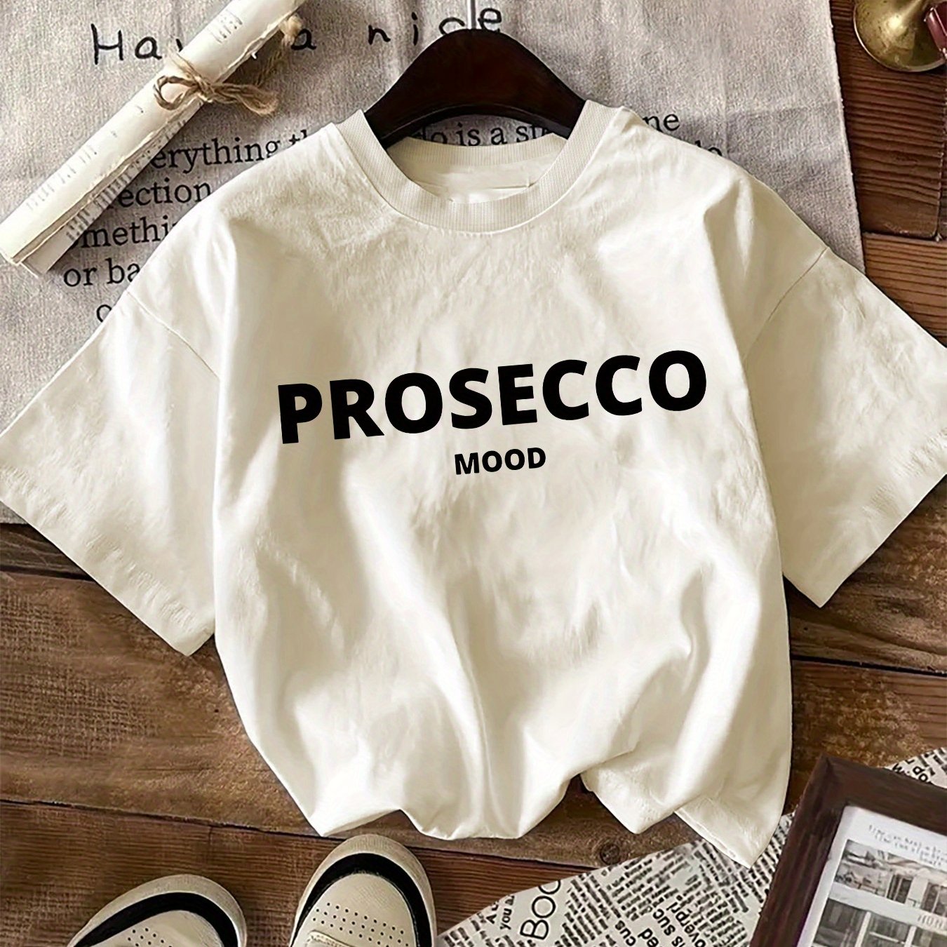 100% knit fabric women's t-shirt with "PROSECCO MOOD" letter print, crew neck, short sleeves, all-season regular length tee - 180gsm.