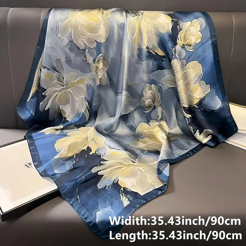 Blue floral print square scarf for women, lightweight summer sun protection and wind resistance head wrap in Bohemian style, measuring 89.99cm. Features elegant navy blue design with cream