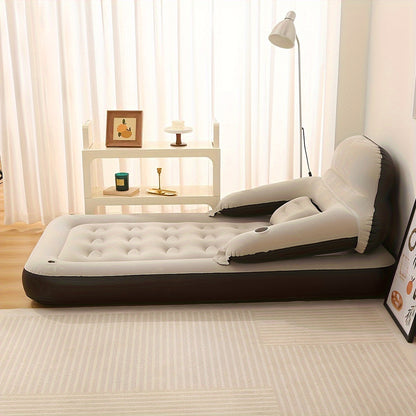 Air mattress with headboard, blow-up sofa bed, for indoor and outdoor use.