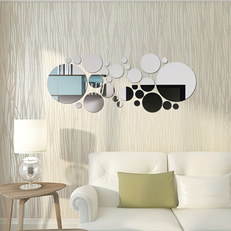 33 round 3D acrylic mirror wall stickers, self-adhesive and removable. Suitable for various rooms. Waterproof and no electricity required.