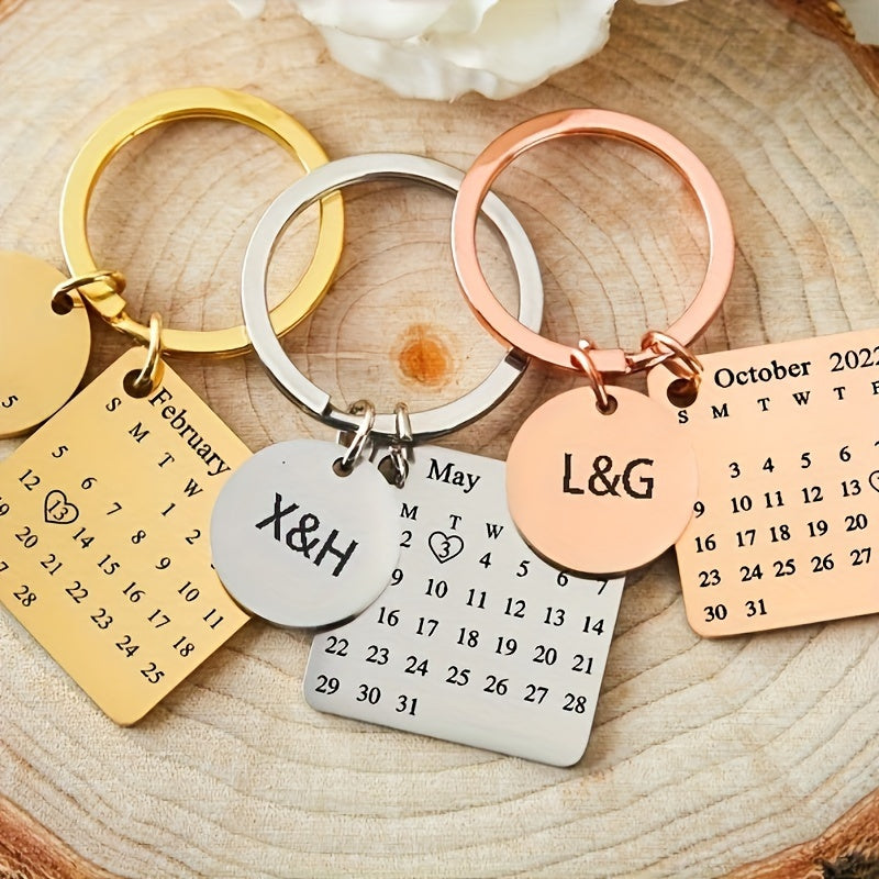 Engraved Custom Calendar Keychain for Couples, Personalized Anniversary Gift for Husband