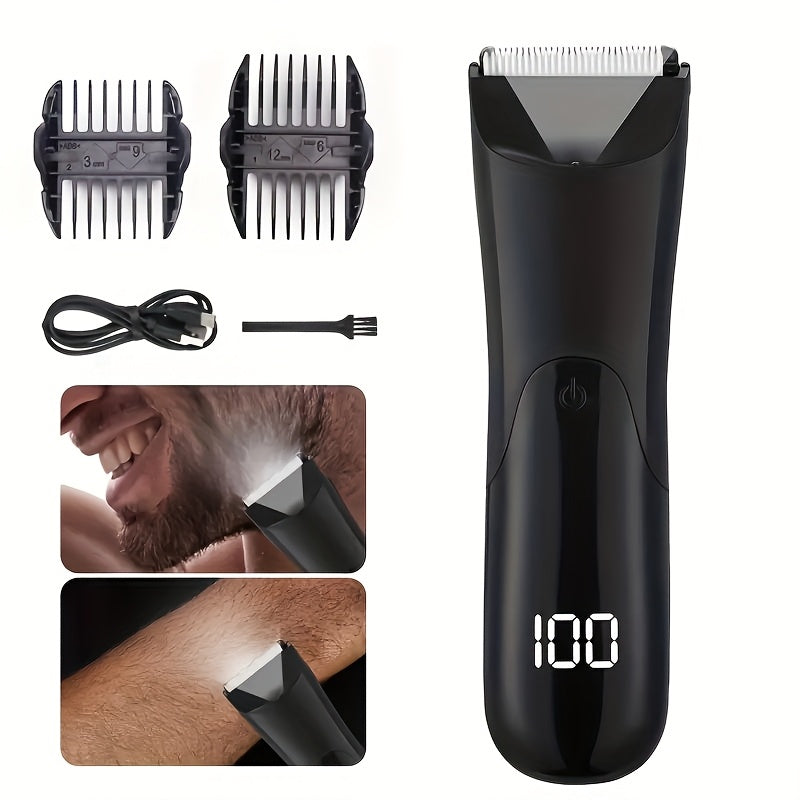 Men's electric trimmer with ceramic blade head, USB rechargeable, for grooming groin and body hair. Comes with 2 protective cover kits and can be used for beard, legs, chest, back, and