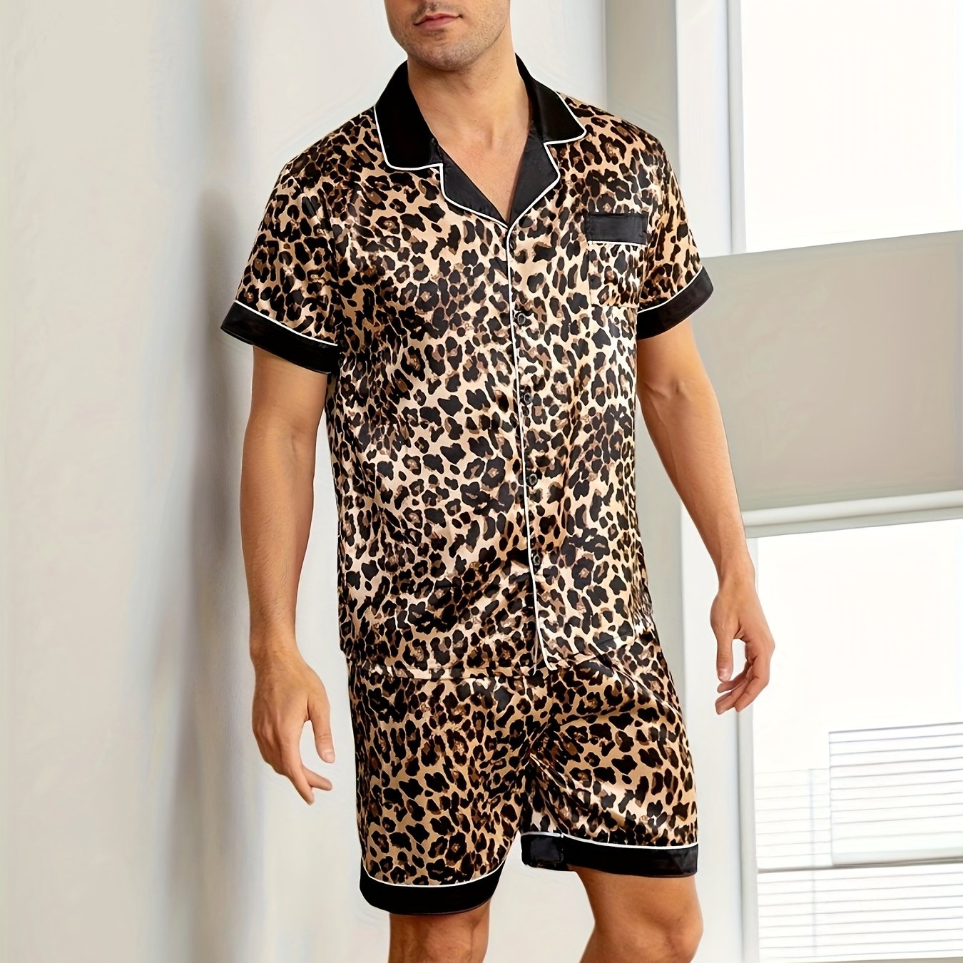 Men's Summer Pajamas Set with Reversible Collar and Short Sleeves, Cool and Breathable fabric, Skin-friendly, Simple Style