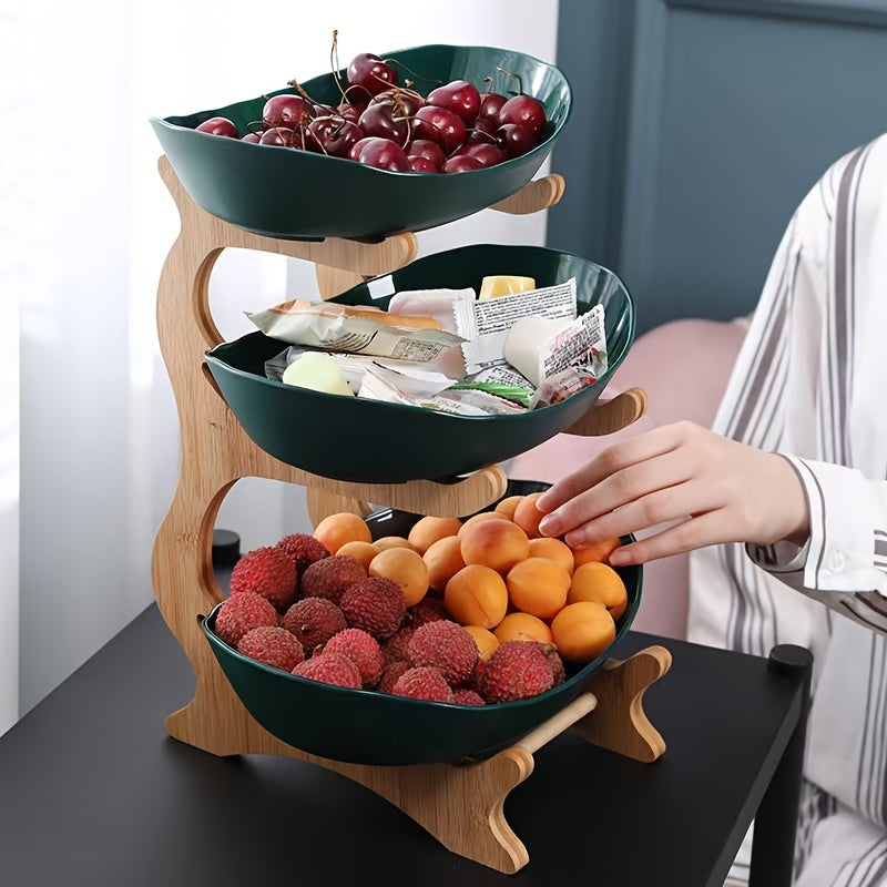 Scandinavian luxury style 2/3-tier fruit stand with double layer fruit bowl, ideal for living room or home snack tray, made of natural materials.