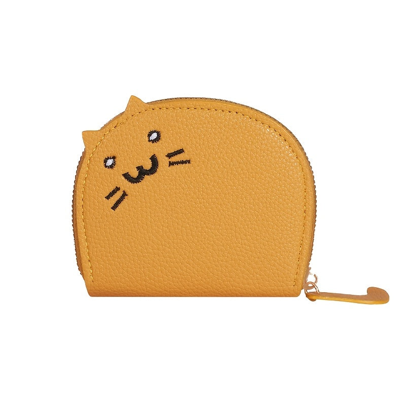 Charming cat-shaped casual wallet with synthetic material, card slots, zip closure, envelope design, easy to clean, and painted edge details.