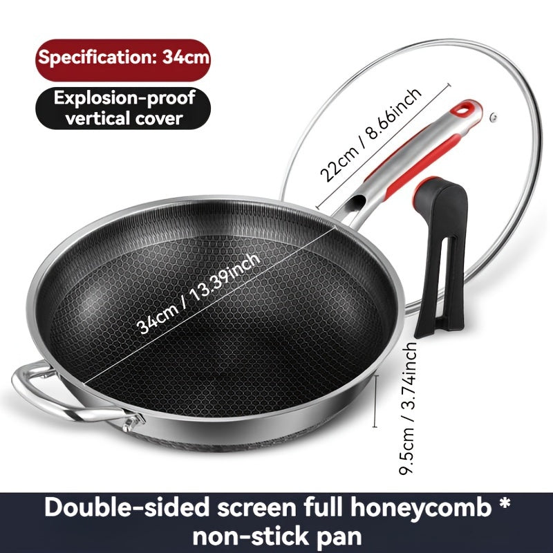 Stainless Steel Wok with Glass Lid and Honeycomb Non-Stick Coating - Features Full Screen Anti-Scratch Vertical Pot Cover, Dual Anti-Stick Shovels, and Scratch-Resistant Design - Perfect for Gas and Induction Cooktops