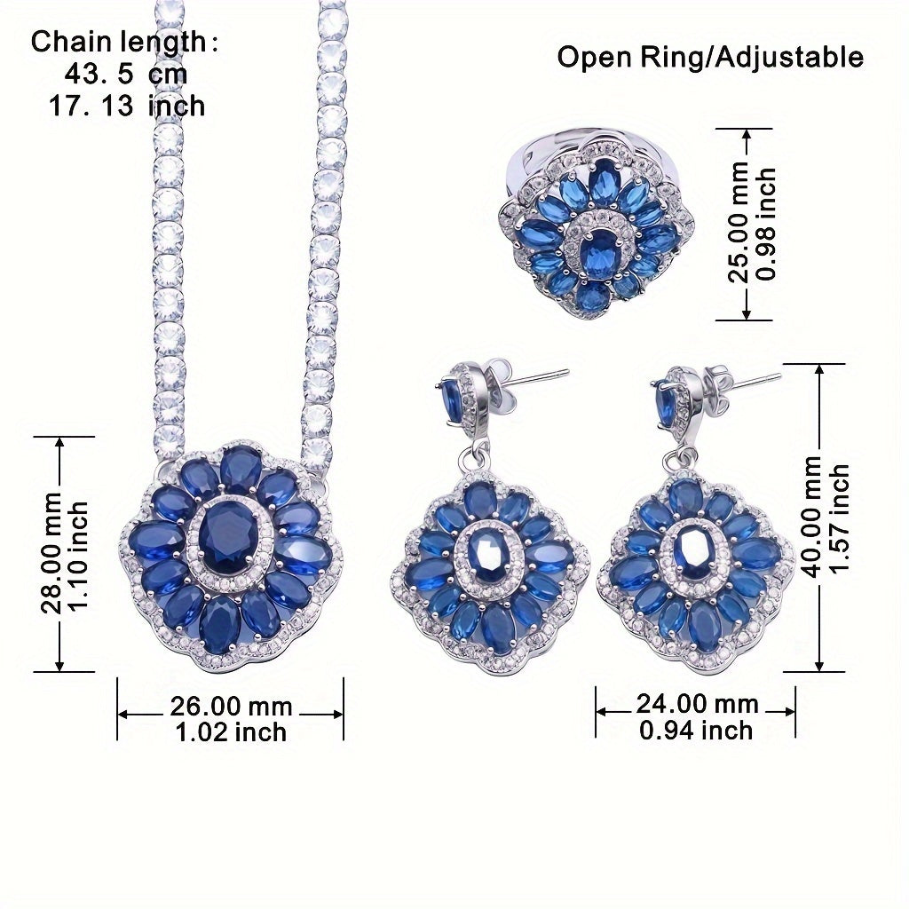 Stunning bridal jewelry set featuring 4 pieces made of luxurious white gold plated copper and adorned with blue cubic zirconia. Set includes a necklace, earrings, and an adjustable ring, ideal for weddings and special events.