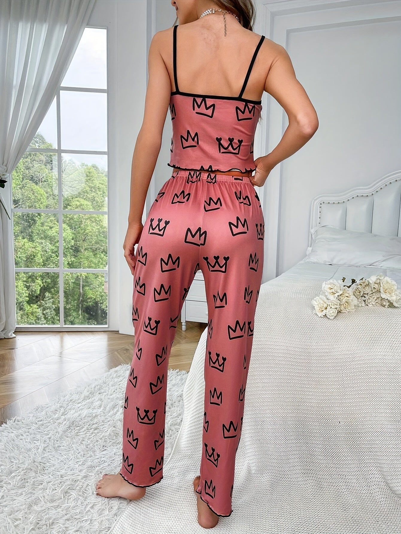 Printed pajama set for women with backless cami top and pants, perfect for summer nights.