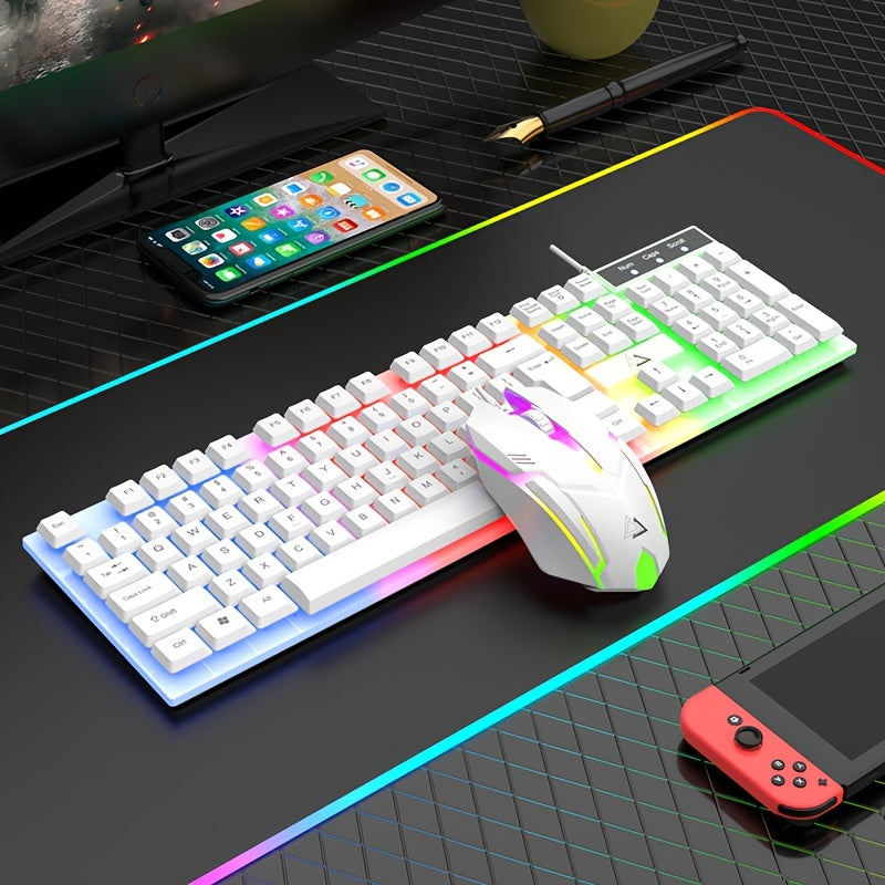 GT100 Luminous Gaming Keyboard & Mouse Combo with 104 Keys, Colorful LED Backlight, PC & USB Compatible, Black & White Design, Ergonomic Gaming Gear, Durable.