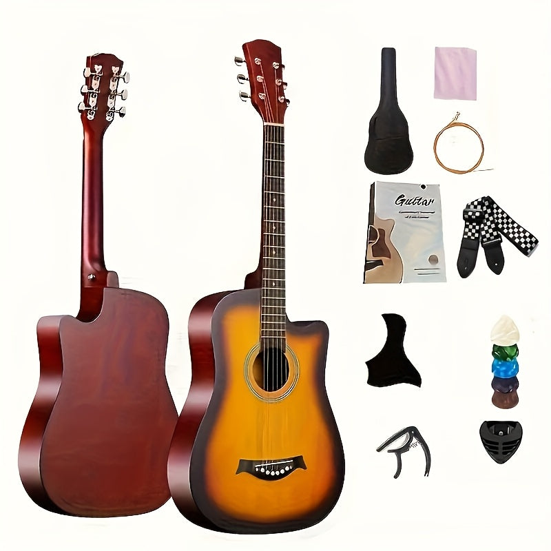 Comprehensive acoustic guitar starter kit with premium basswood guitars in various colors, accessories, and teaching materials - perfect for all skill levels, including beginners and