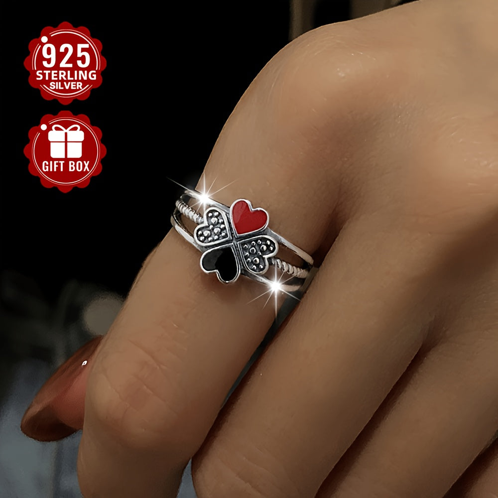 A chic and adaptable sterling silver ring for women featuring a modern enamel heart-shaped four-leaf clover design, perfect for adding flair to your travel and event outfits. Weighing approximately 2.3g, this ring is both practical and fashionable.