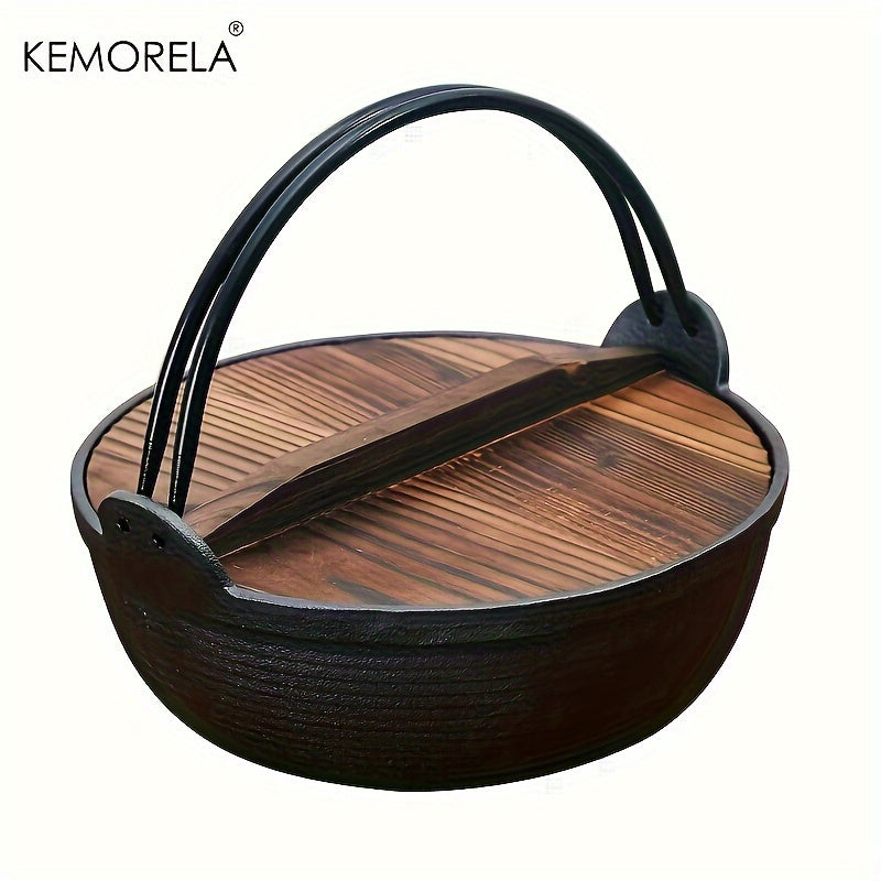 KEMORELA Cast Iron Stockpot with Wooden Lid - Pre-Seasoned Non-Stick Sukiyaki Pot - Ideal for Outdoor Camping - Multi-Purpose Cast Iron Cookware for Stews and Frying