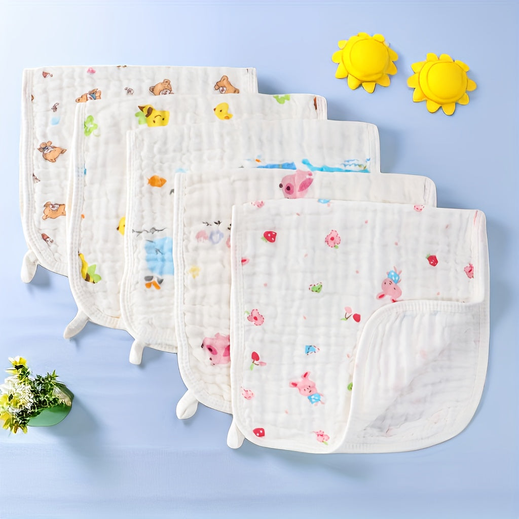 Baby burp cloths made of muslin for boys and girls, each measuring 50.8cmX25.4cm. Featuring 6 layers for extra thickness and super soft absorbency. Each pack contains 5 pieces.