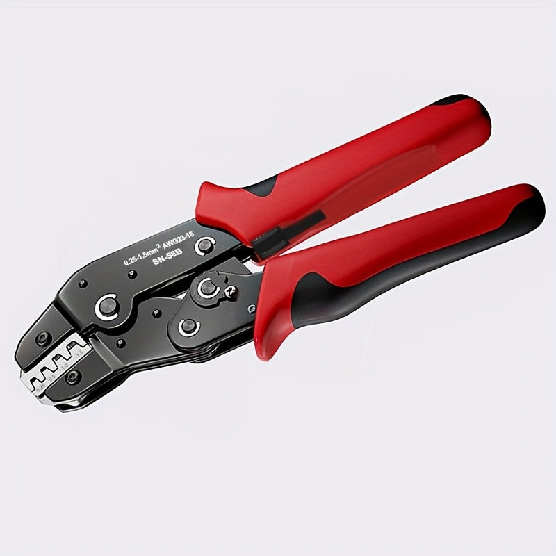 Professional manual crimper tool for JST, Dupont terminals, SATA pin crimping, with carbon steel handle and AWG 23-16/0.25-1.5mm² capacity.