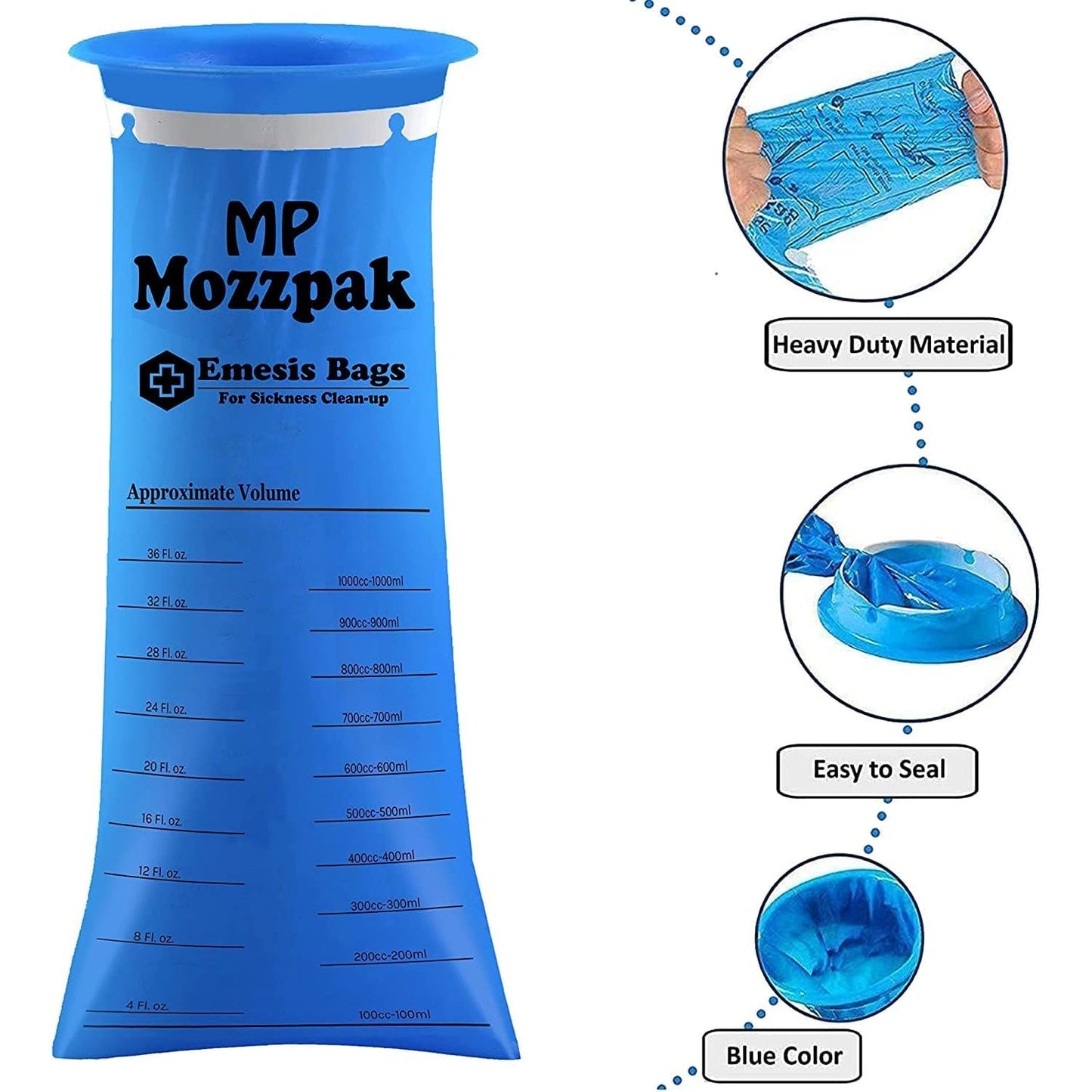 60 medical grade vomit bags, each with a capacity of 1000ml. These leak-resistant disposable barf bags are perfect for travel, motion sickness, and various other uses in cars, aircrafts, taxis, outdoors, living rooms, bedrooms, and even for pet supplies.