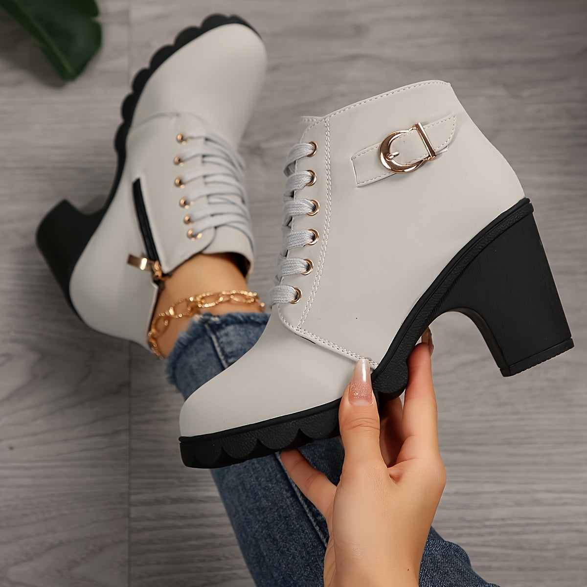 Chunky heel lace-up ankle boots for women, with side zipper.