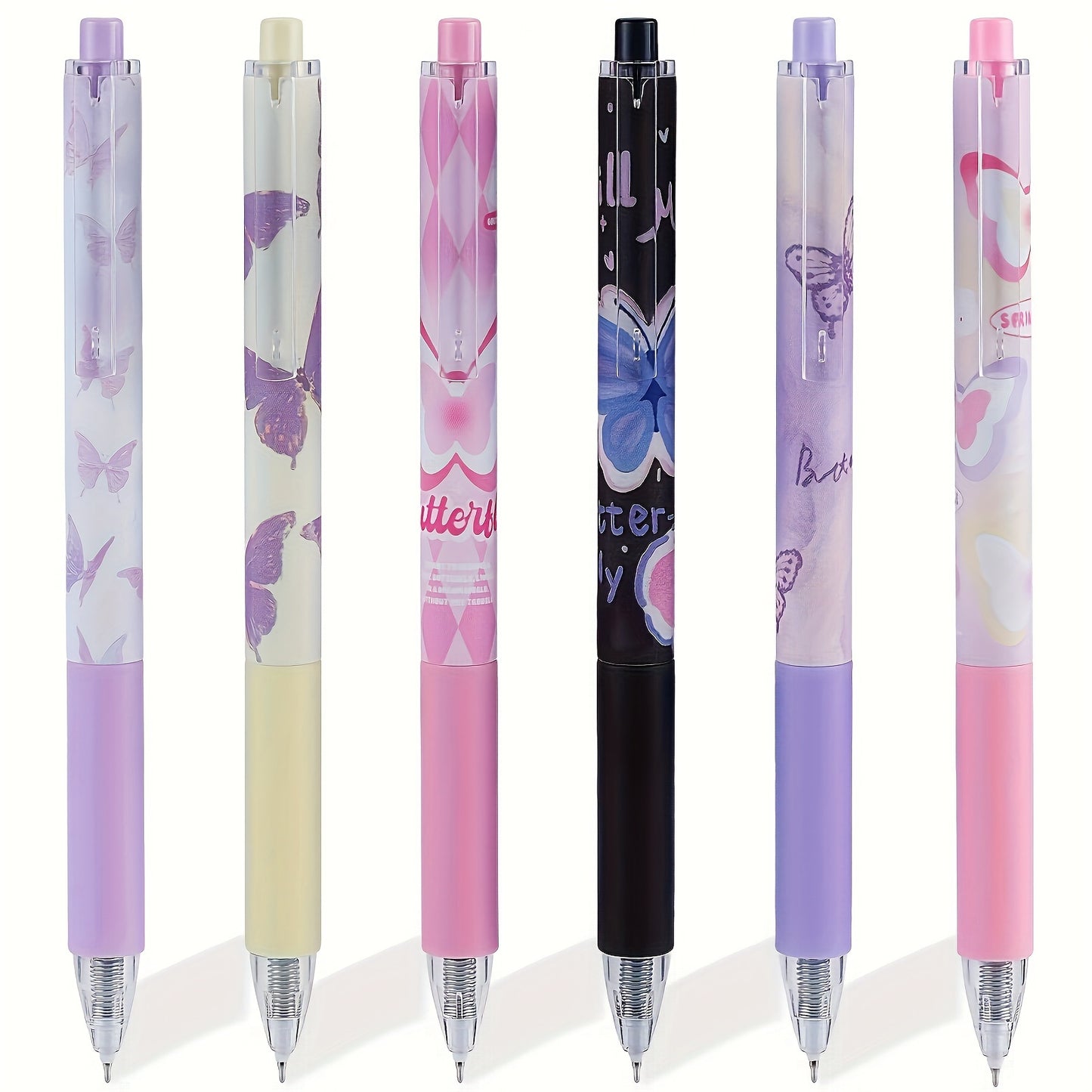 Set of 6 neutral aesthetic pens with black ink, 0.5mm fine tip for smooth writing, dreamy butterfly design ideal for school or office use.