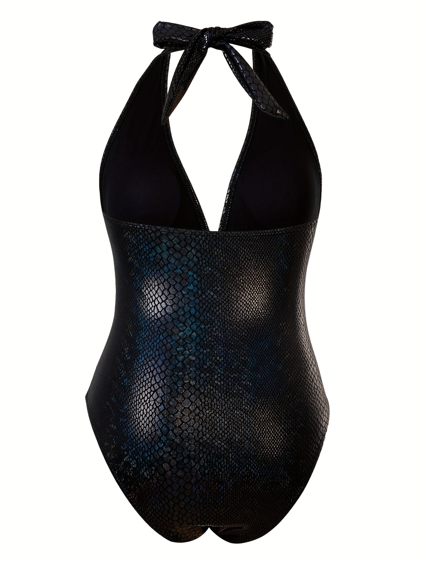 Women's sexy black one-piece swimsuit with deep V-neck, high cut design, snakeskin pattern, removable pads, ruched waist detail, glossy finish, and high waist. Made of stretchy polyester