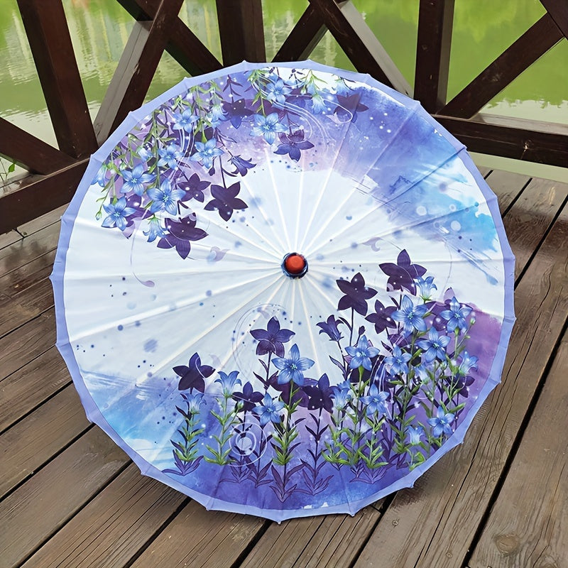 Chinese Flowers Parasol Umbrella with Cherry Blossom Sakura Floral Bamboo Handle for Sun and Rain Protection, Ideal for Weddings and Parties.