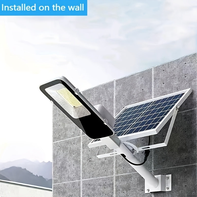 Solar street light and wall light with remote control, 6000mAh battery, smart light sensor, automatic switching, 252 high brightness LEDs. Ideal for outdoor spaces.