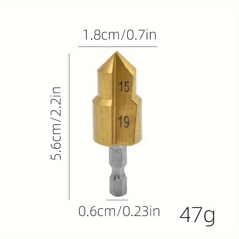 Set of 3 high-speed steel step drill bits with 20/25/32mm sizes and hex shank for reaming water pipes and opening holes.