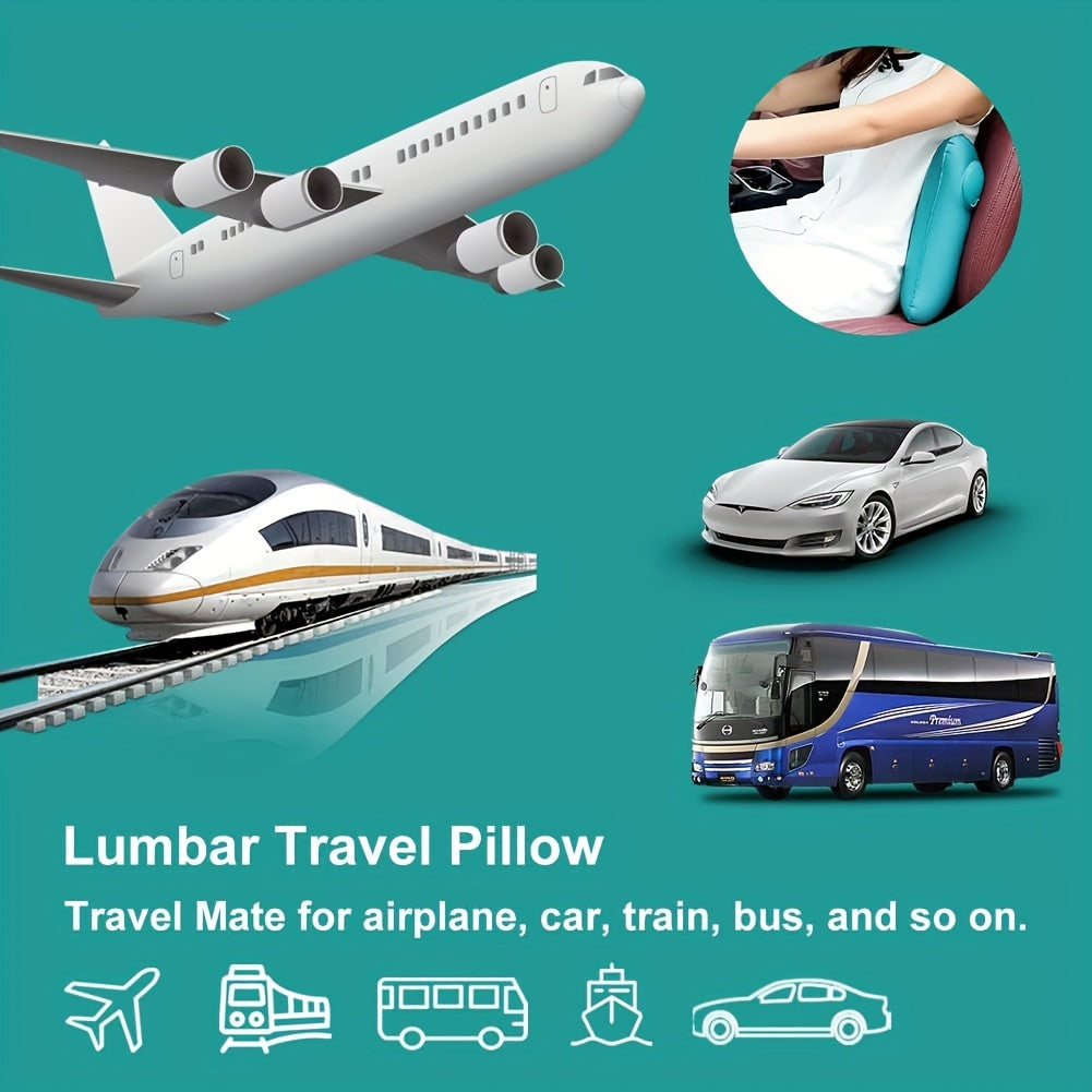 Inflatable travel waist pillow for lumbar back support during long journeys by air, car, bus, train, or in office or home.