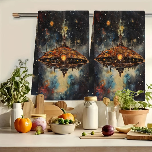 Set of 2 Coastal Spaceship Kitchen Towels, 40.64x60.96 cm, Highly Absorbent Polyester Knit Fabric, Easy to Clean in Washing Machine, Modern Dish Towels with Holiday-themed Design