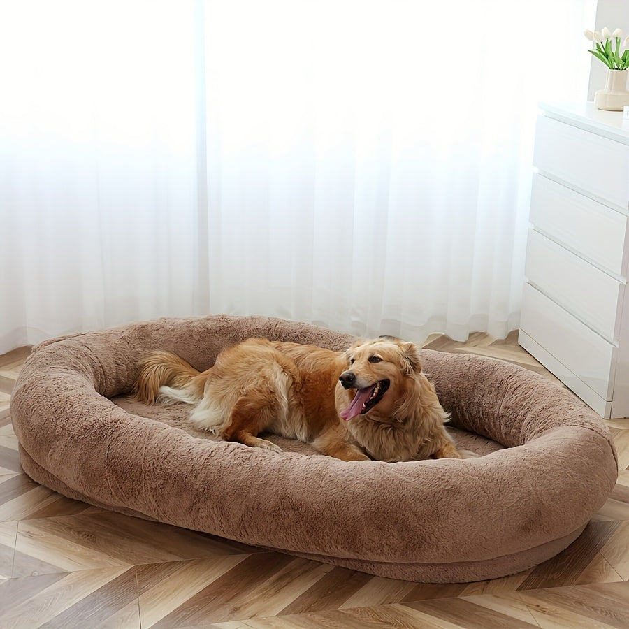 Oversized human & pet bed with memory foam fill and washable cover for medium to large breeds.