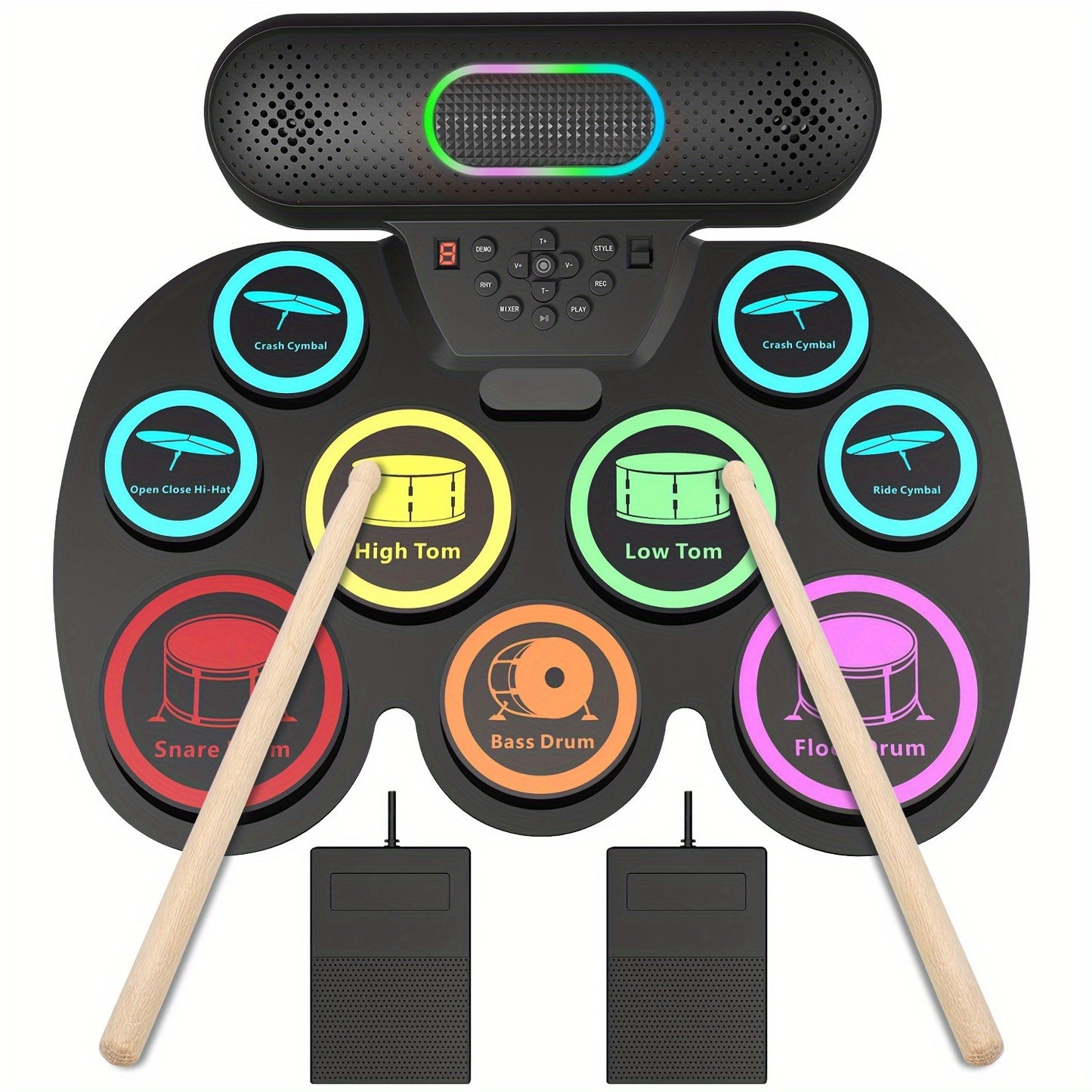 Portable foldable silicone electronic drum set with dual built-in speakers, USB charging, rechargeable lithium battery - black electric drum pad kit with roll-up design for beginners and