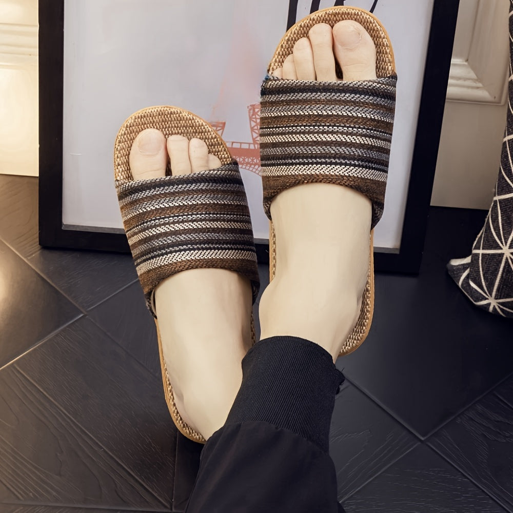 Comfortable home slippers with a striped pattern and casual open toe design.