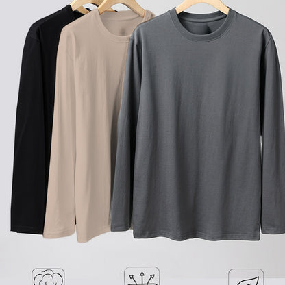 3 Men's Long Sleeve T-Shirts in Black, Beige, Gray - 100% Cotton, Breathable, Casual for Spring & Autumn