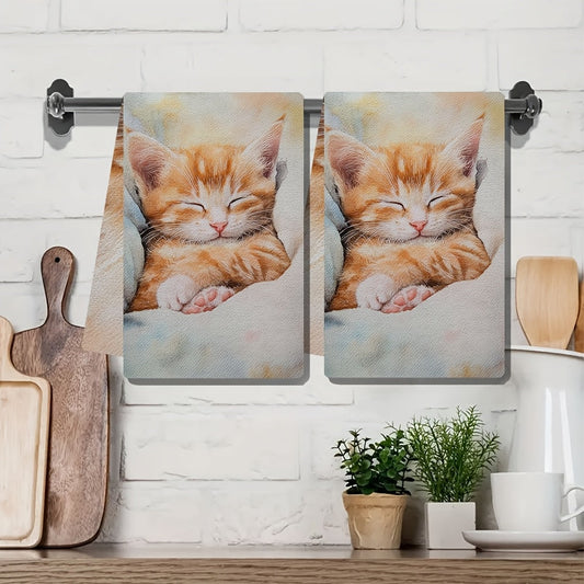 Two Ultra Soft Kitchen Towels Featuring Adorable Kitten Design - Exceptionally Absorbent, Delicate Purr Theme, Easy to Clean Dish Hand Towels, 40.64x60.96 cm - Ideal for Holiday Decoration & Daily Use, Dish Towels