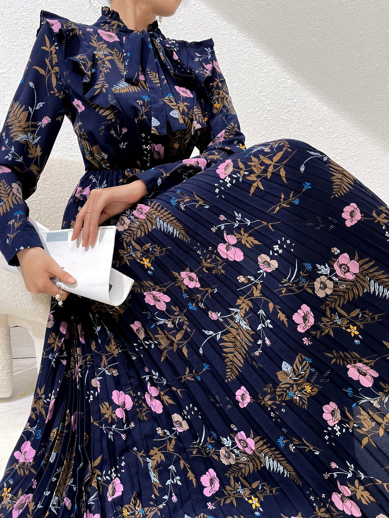 Floral print kaftan dress with tie neck and ruffle trim, elegant long sleeve pleated A-line maxi dress for women's clothing.