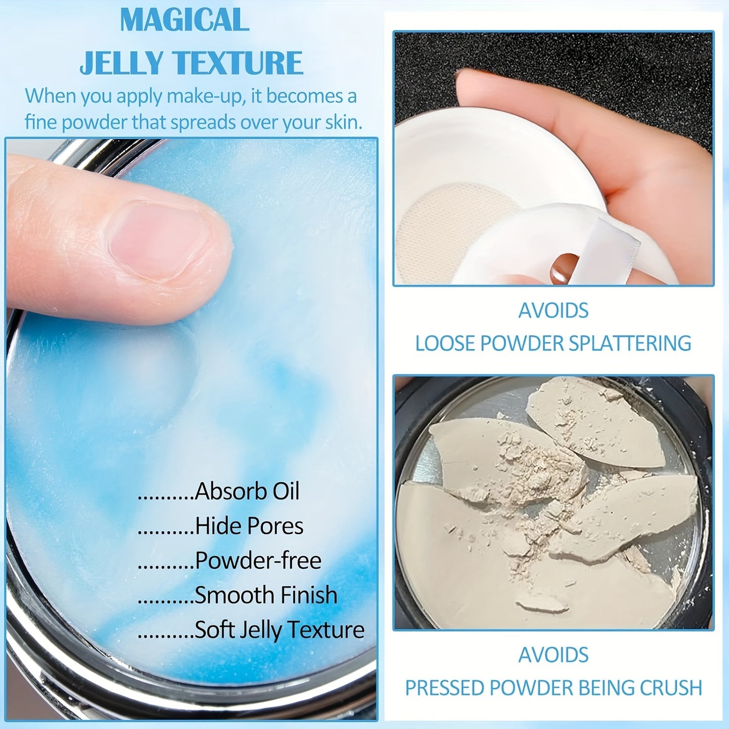 Blue Sky & Clouds Oil Control Compact Powder with Matte Soft Jelly Texture - Long-lasting tightening face powder with mini puff for flawless lightweight makeup. Waterproof, oil-free