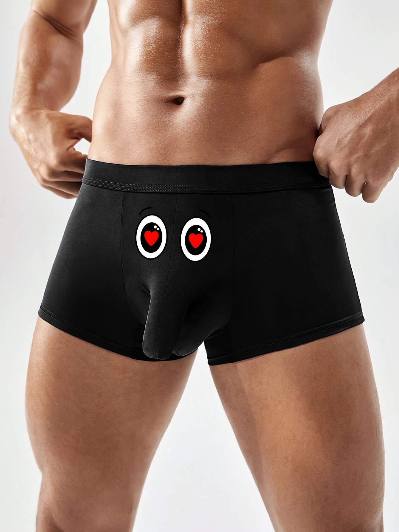 Men's Novelty Boxer Briefs with Red Heart Eyes Print, made of 95% knit polyester and 5% elastane, featuring a skinny fit and medium stretch for casual wear.